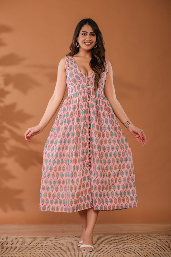 Sugar Pink Cotton Hand Block Printed Midi Dress  - By Ragavi - qivii