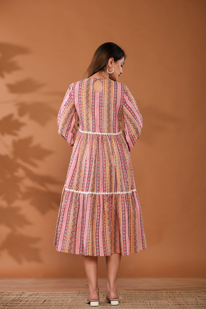 Cradle Pink Cotton Hand Block Ptinted Midi Dress  - By Ragavi - qivii