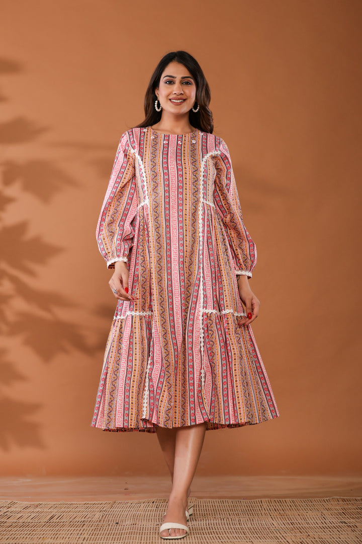 Cradle Pink Cotton Hand Block Ptinted Midi Dress  - By Ragavi - qivii