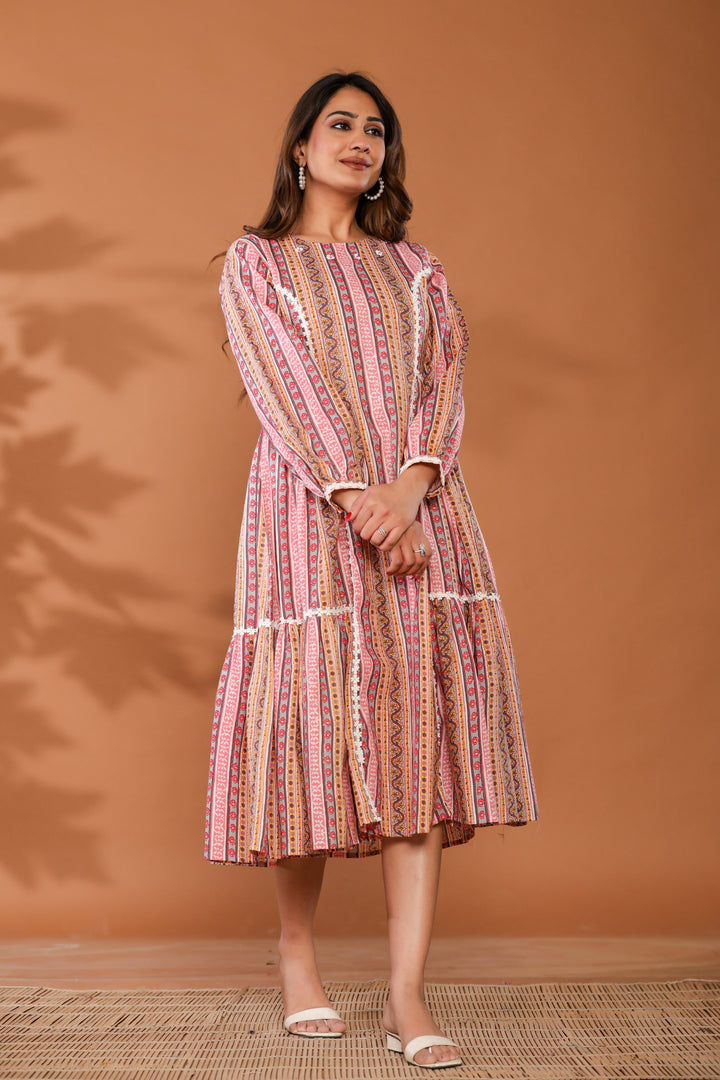 Cradle Pink Cotton Hand Block Ptinted Midi Dress  - By Ragavi - qivii