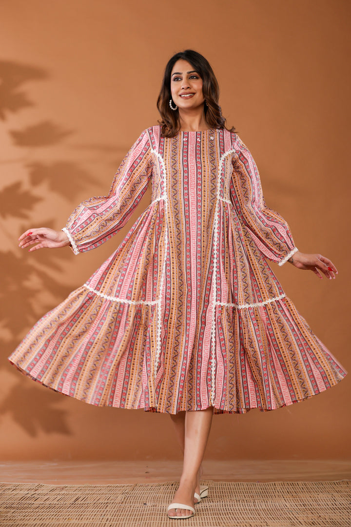 Cradle Pink Cotton Hand Block Ptinted Midi Dress  - By Ragavi - qivii