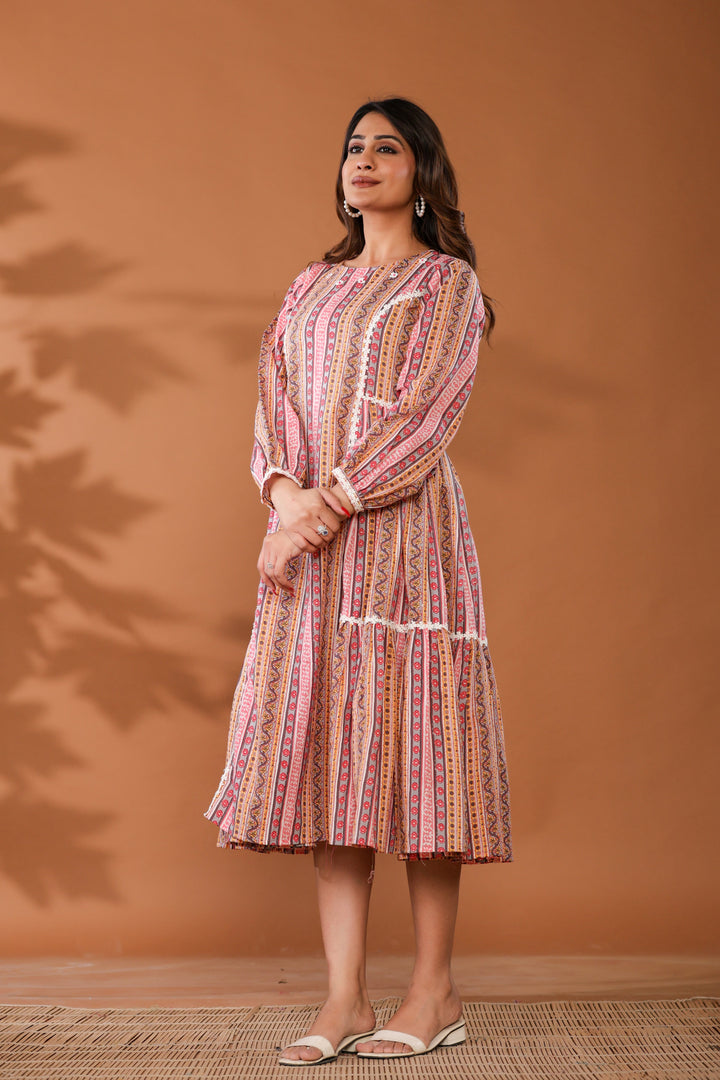 Cradle Pink Cotton Hand Block Ptinted Midi Dress  - By Ragavi - qivii