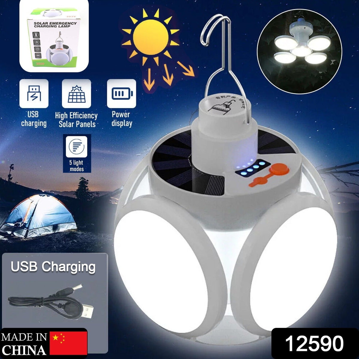 Multi-Functional Solar Camping Light – USB Rechargeable LED Lamp