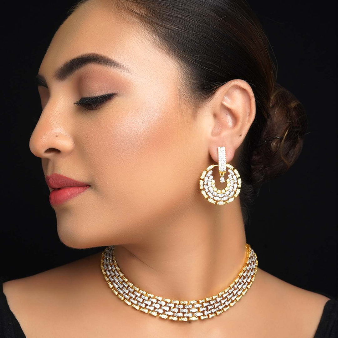 Gold-plated necklace set with American diamond on brass metal 