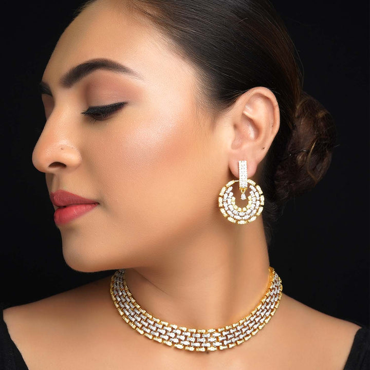 Gold-plated necklace set with American diamond on brass metal 