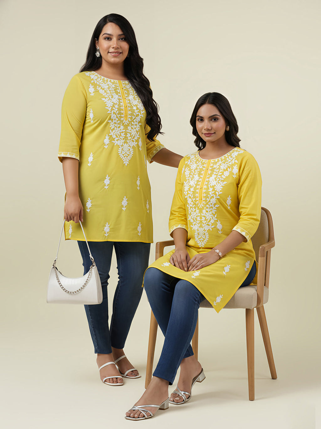 Plus Size Yellow Cotton Chikankari Regular Tunic