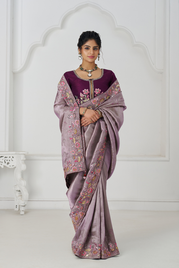 Stunning Mauve Color Saree With Multi-thread And Sequins Embroidery - qivii