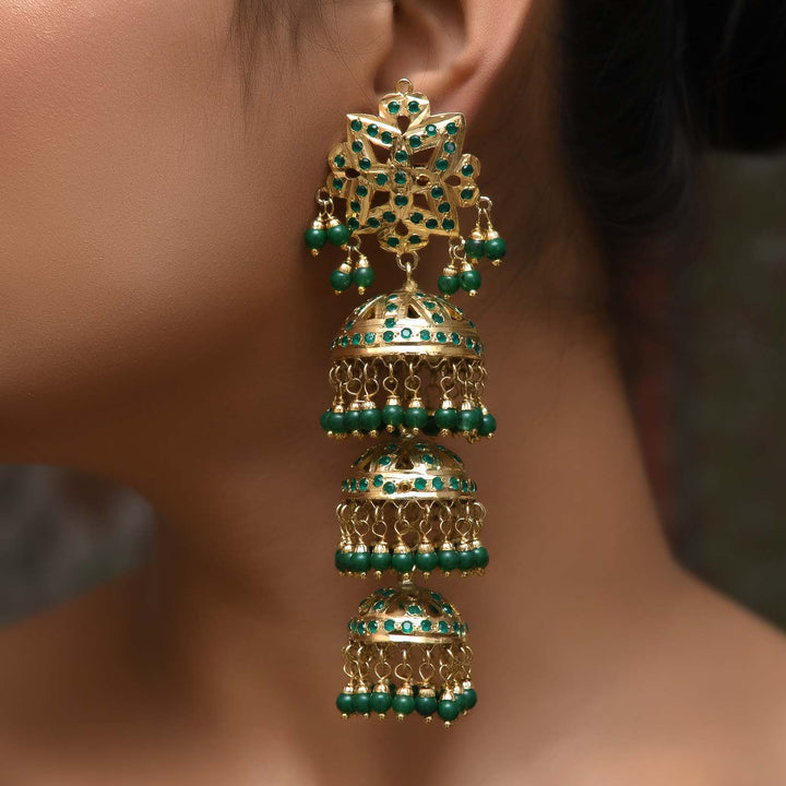 Arya Gold Plated Jadau Green Jhumki - qivii