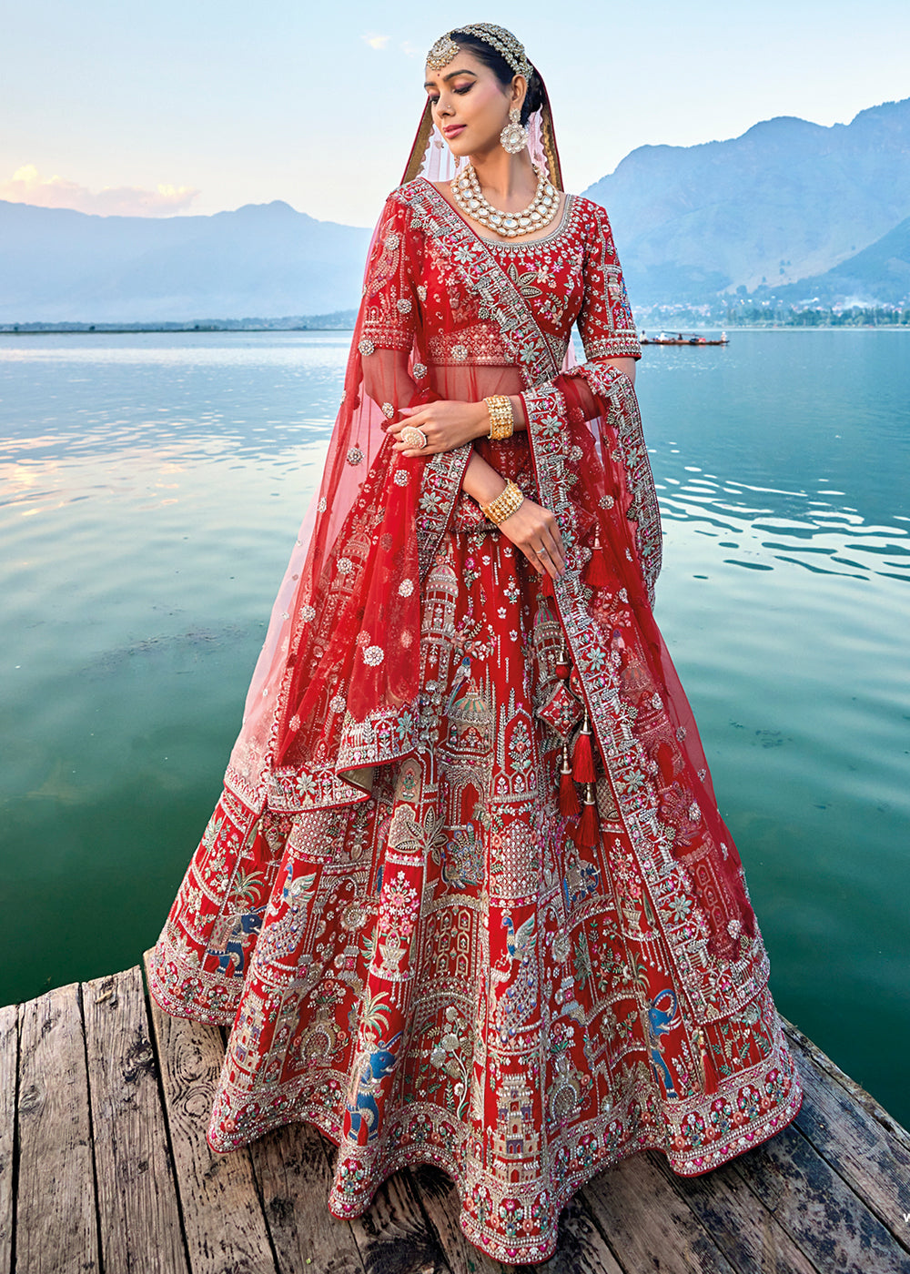 Carmine Red Banarasi Silk Bridal Lehenga Choli with Heavy Embroidery Work : Top Pick | Ready To Wear - qivii