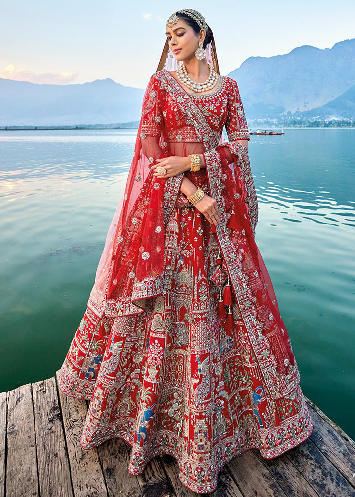 Carmine Red Banarasi Silk Bridal Lehenga Choli with Heavy Embroidery Work : Top Pick | Ready To Wear - qivii