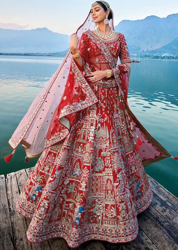 Carmine Red Banarasi Silk Bridal Lehenga Choli with Heavy Embroidery Work : Top Pick | Ready To Wear - qivii