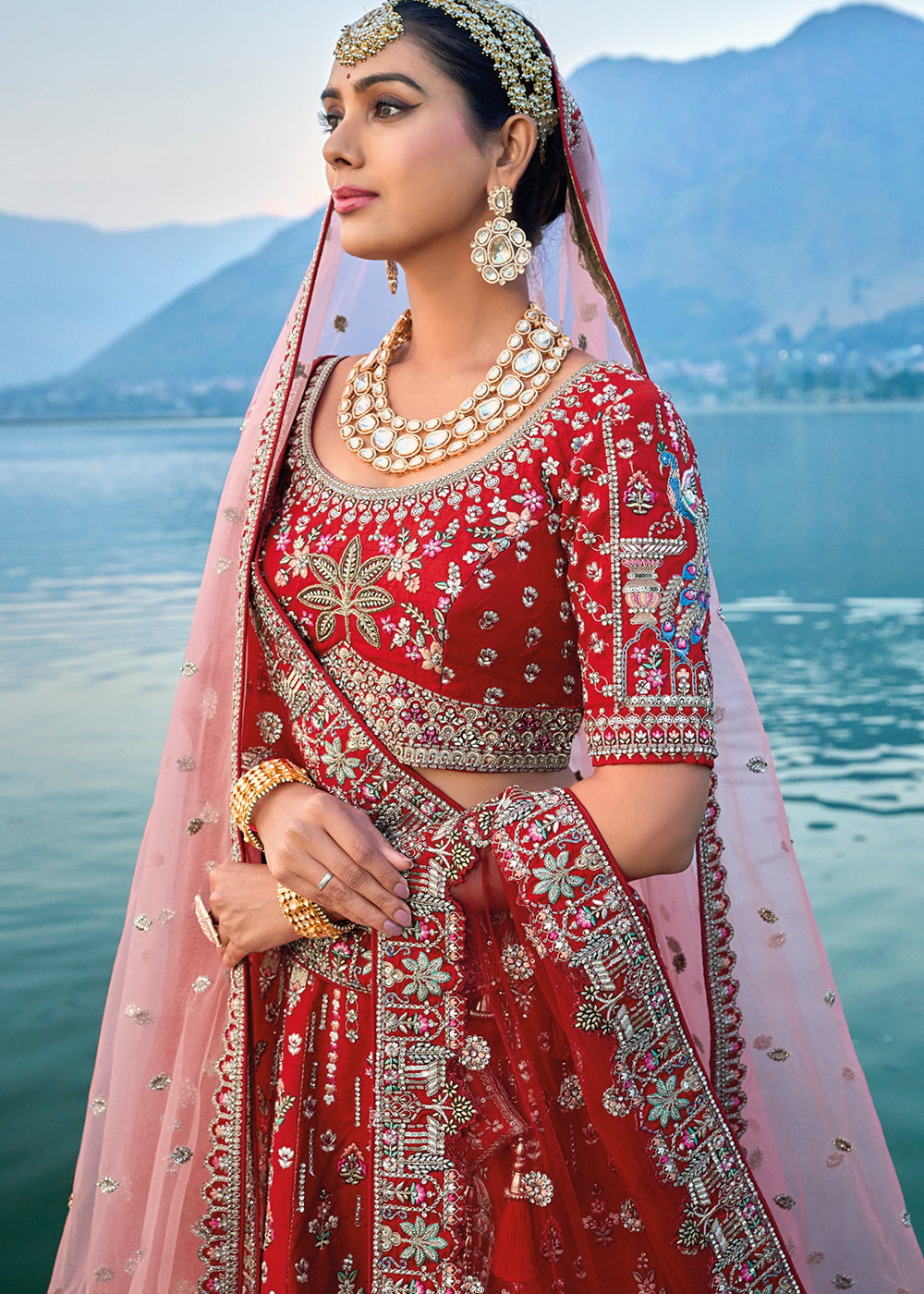 Carmine Red Banarasi Silk Bridal Lehenga Choli with Heavy Embroidery Work : Top Pick | Ready To Wear - qivii