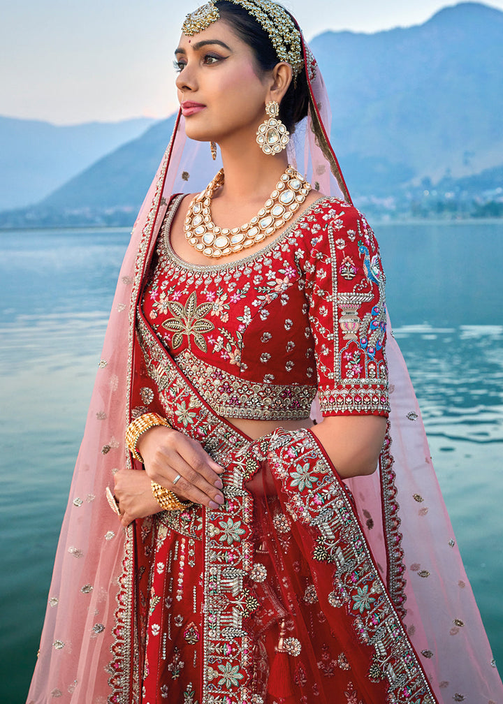 Carmine Red Banarasi Silk Bridal Lehenga Choli with Heavy Embroidery Work : Top Pick | Ready To Wear - qivii