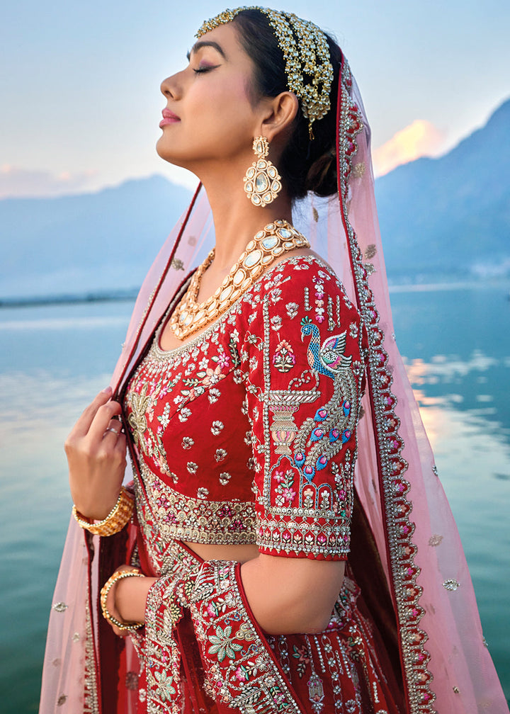 Carmine Red Banarasi Silk Bridal Lehenga Choli with Heavy Embroidery Work : Top Pick | Ready To Wear - qivii