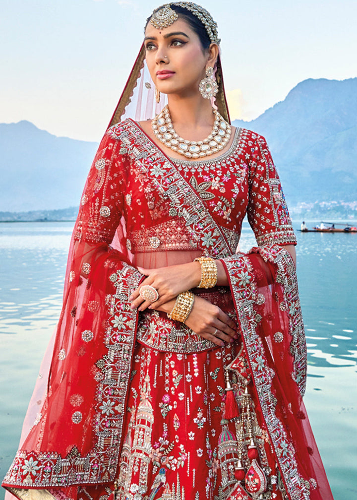 Carmine Red Banarasi Silk Bridal Lehenga Choli with Heavy Embroidery Work : Top Pick | Ready To Wear - qivii