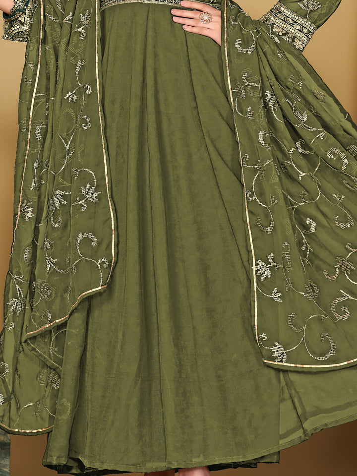 Virtuous Olive Green Sequins Georgette Festive Wear Anarkali Suit - qivii
