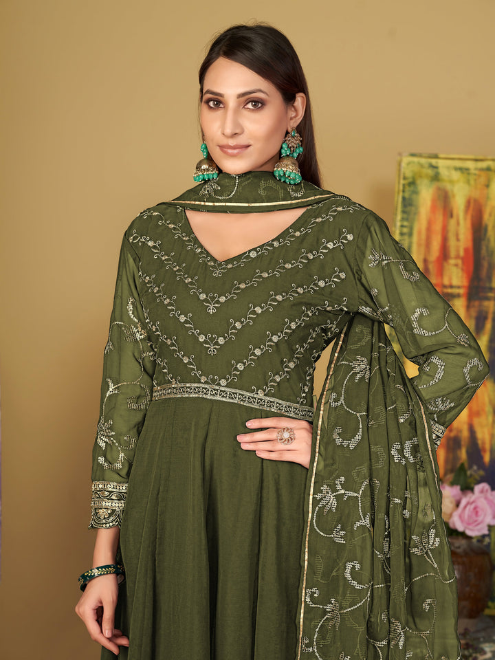 Virtuous Olive Green Sequins Georgette Festive Wear Anarkali Suit - qivii
