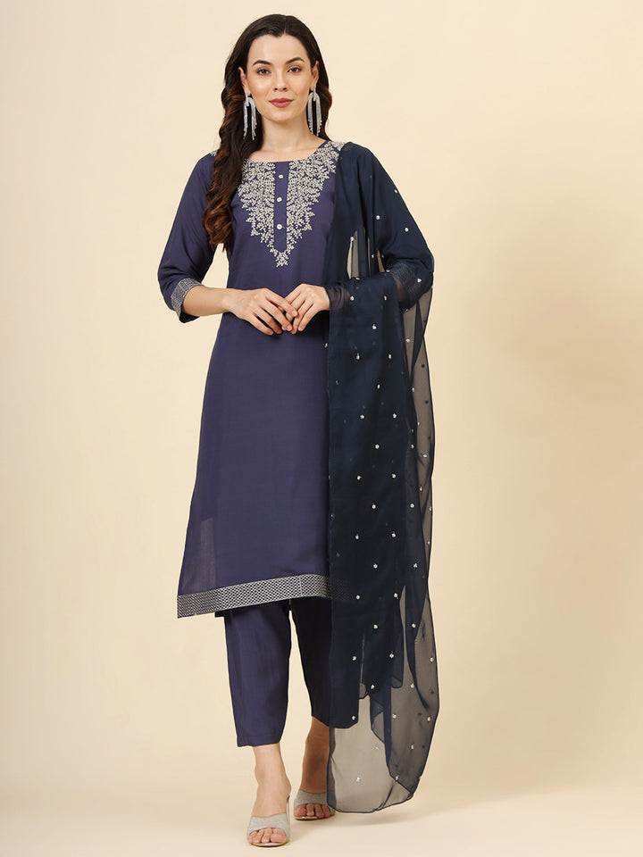 Marvelous Navy Blue Embroidered Silk Festival Wear Pant Suit with intricate floral patterns