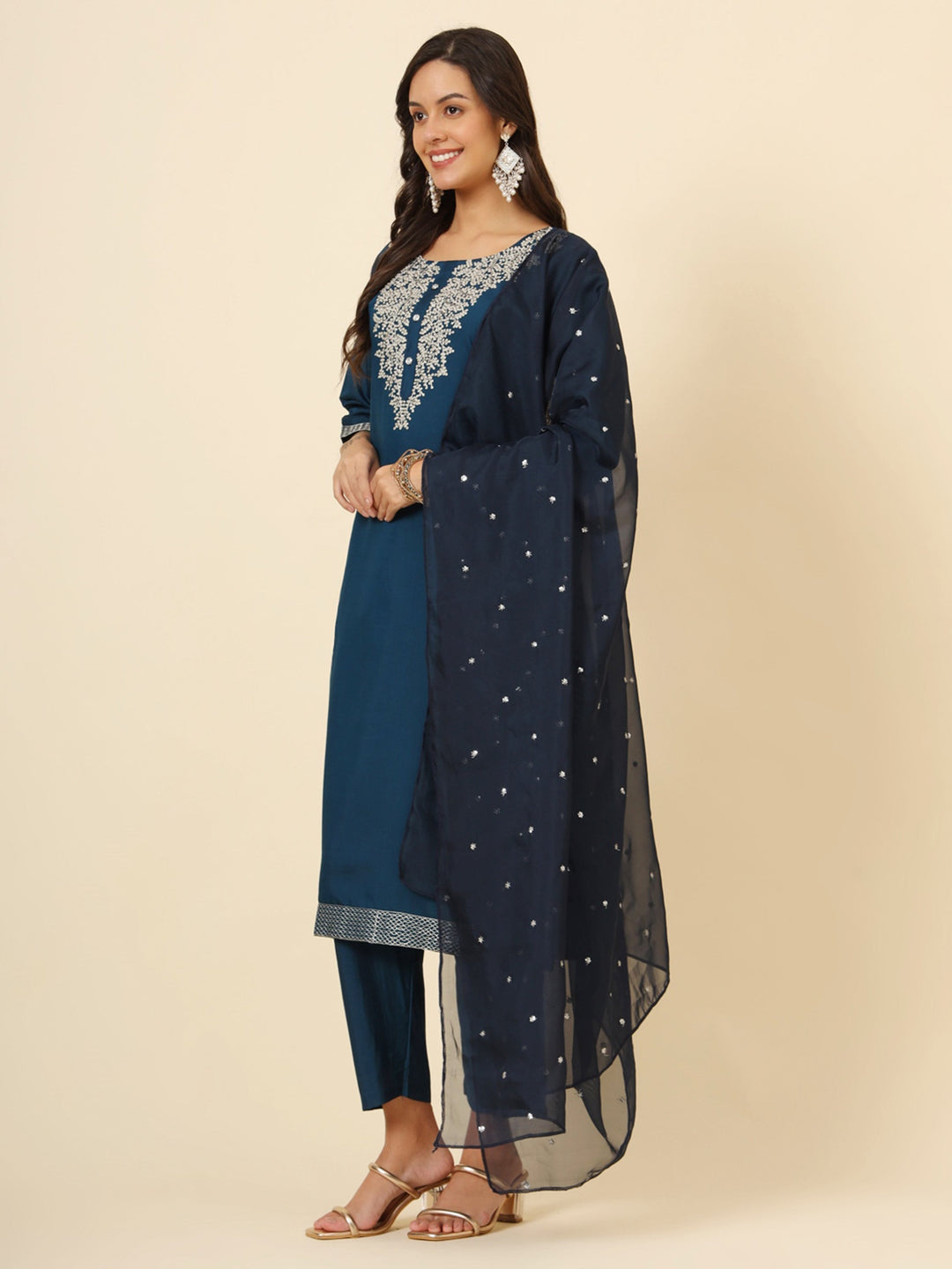 Blue silk pant suit with intricate embroidery and matching dupatta