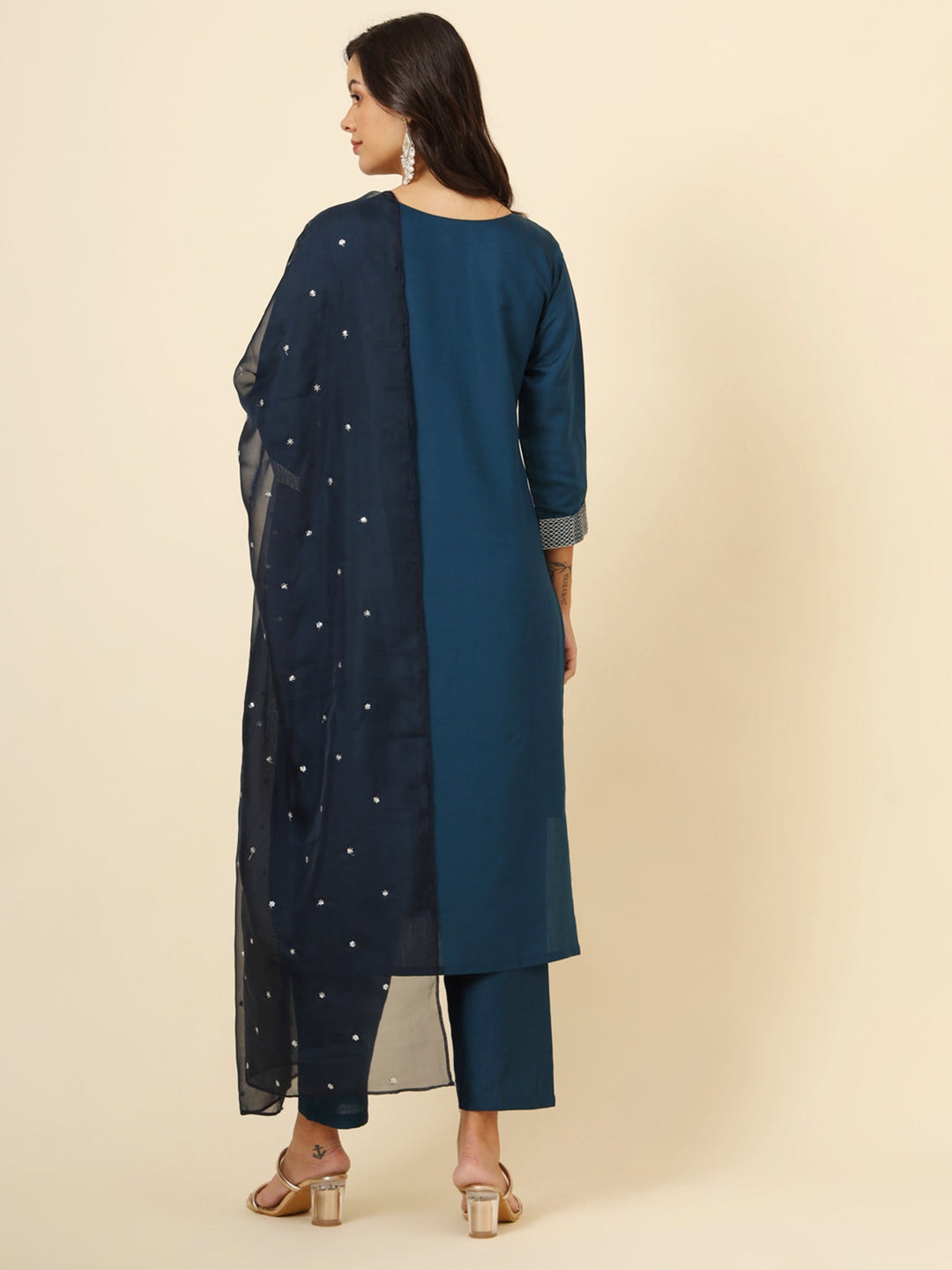 Blue silk pant suit with intricate embroidery and matching dupatta