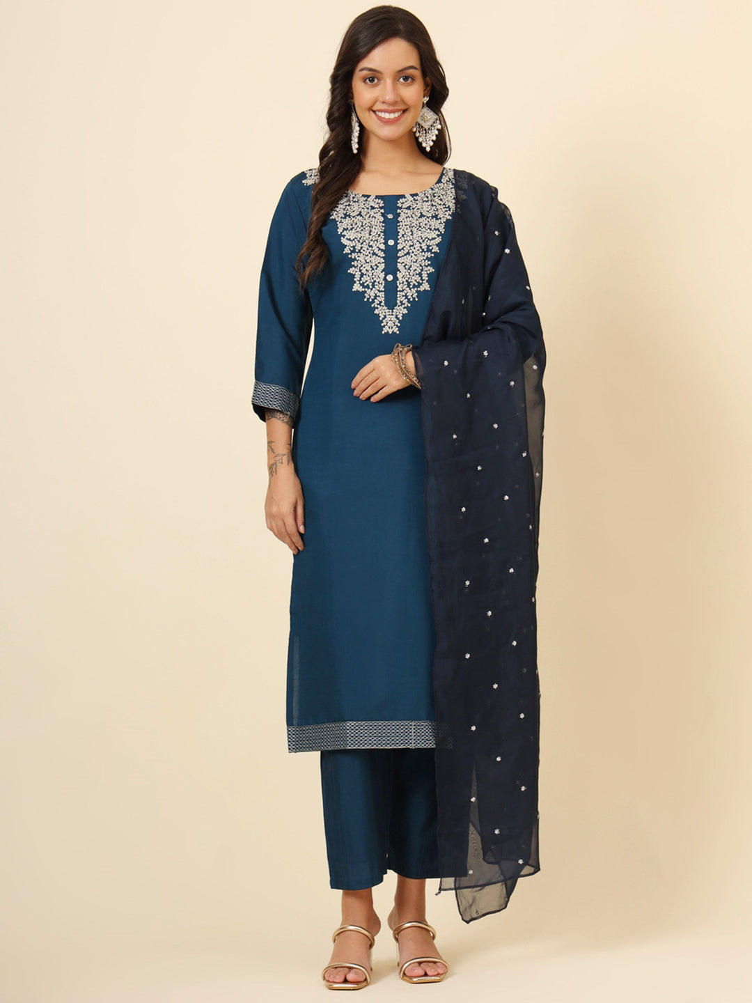 Beautiful blue silk pant suit with intricate embroidery and matching dupatta