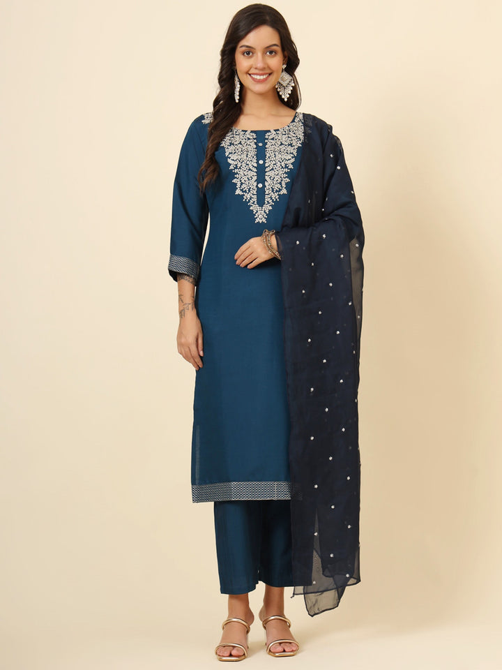 Fascinating blue embroidered silk pant suit with dupatta for women