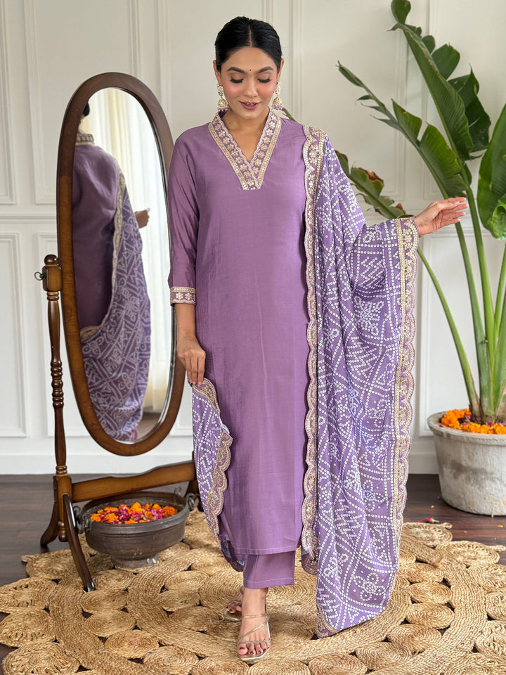 
Stunning purple viscose traditional pant suit with bandhani dupatta