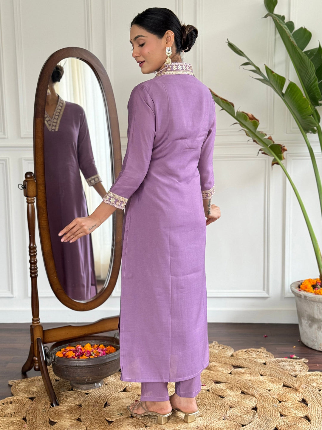 Purple viscose pants and silk dupatta with bandhani print, thread embroidery, and sequin detailing