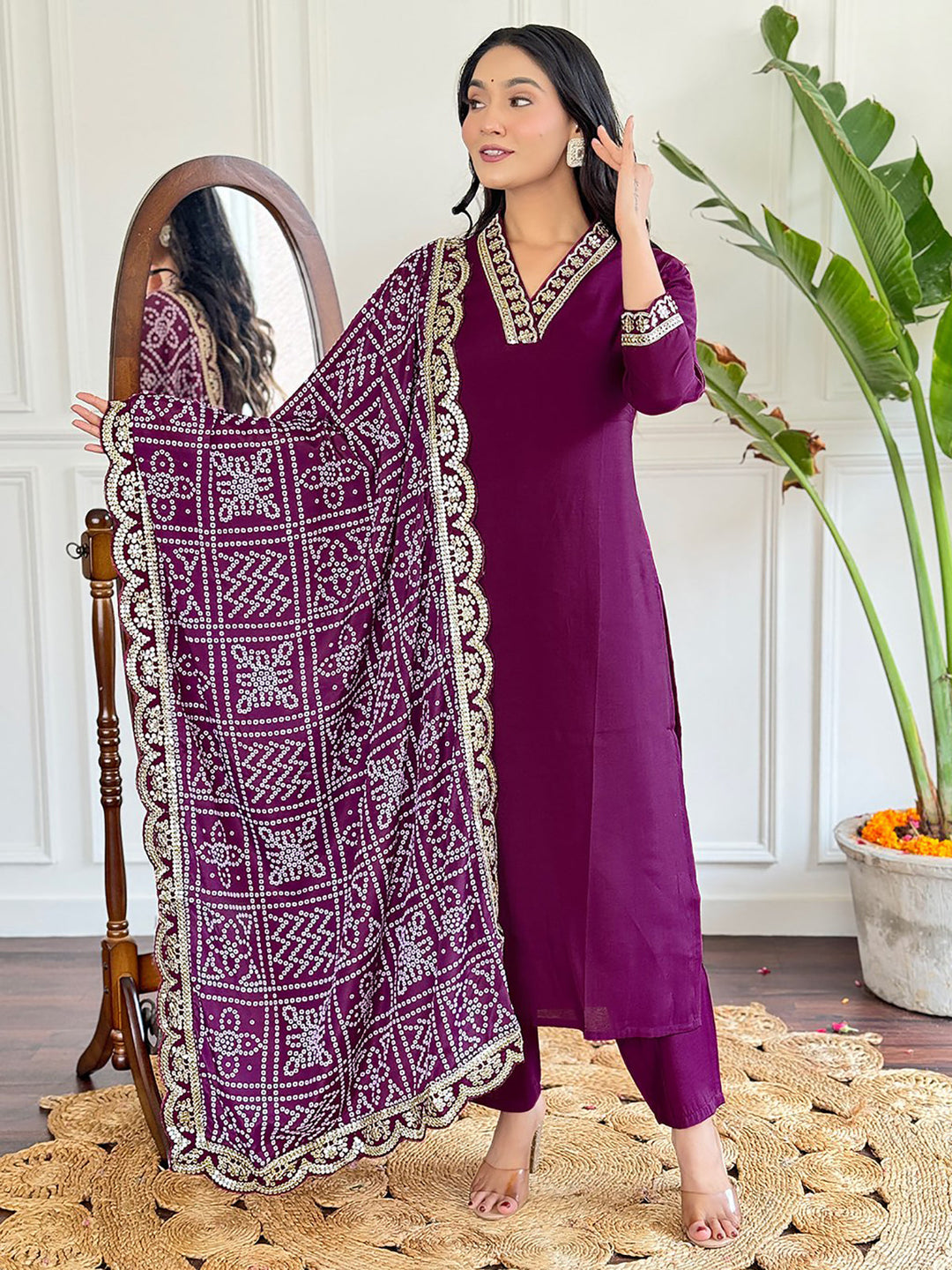 Stylish Lovely Wine Viscose Pant Suit with Bandhani Dupatta for Event Wear
