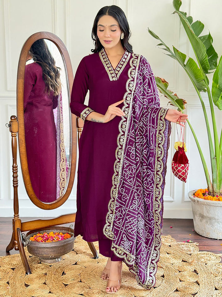 Beautiful Wine Viscose Pant Suit with Bandhani Dupatta for Special Events