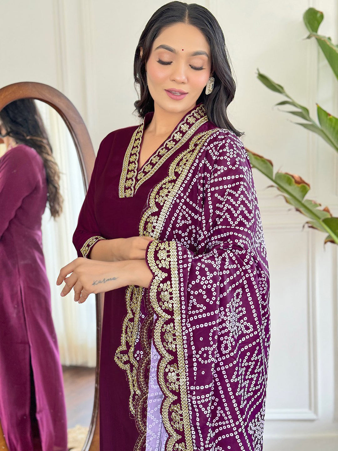 Lovely Wine Viscose Event Wear Pant Suit With Bandhani Dupatta: Elegant and fashionable women's outfit for special occasions