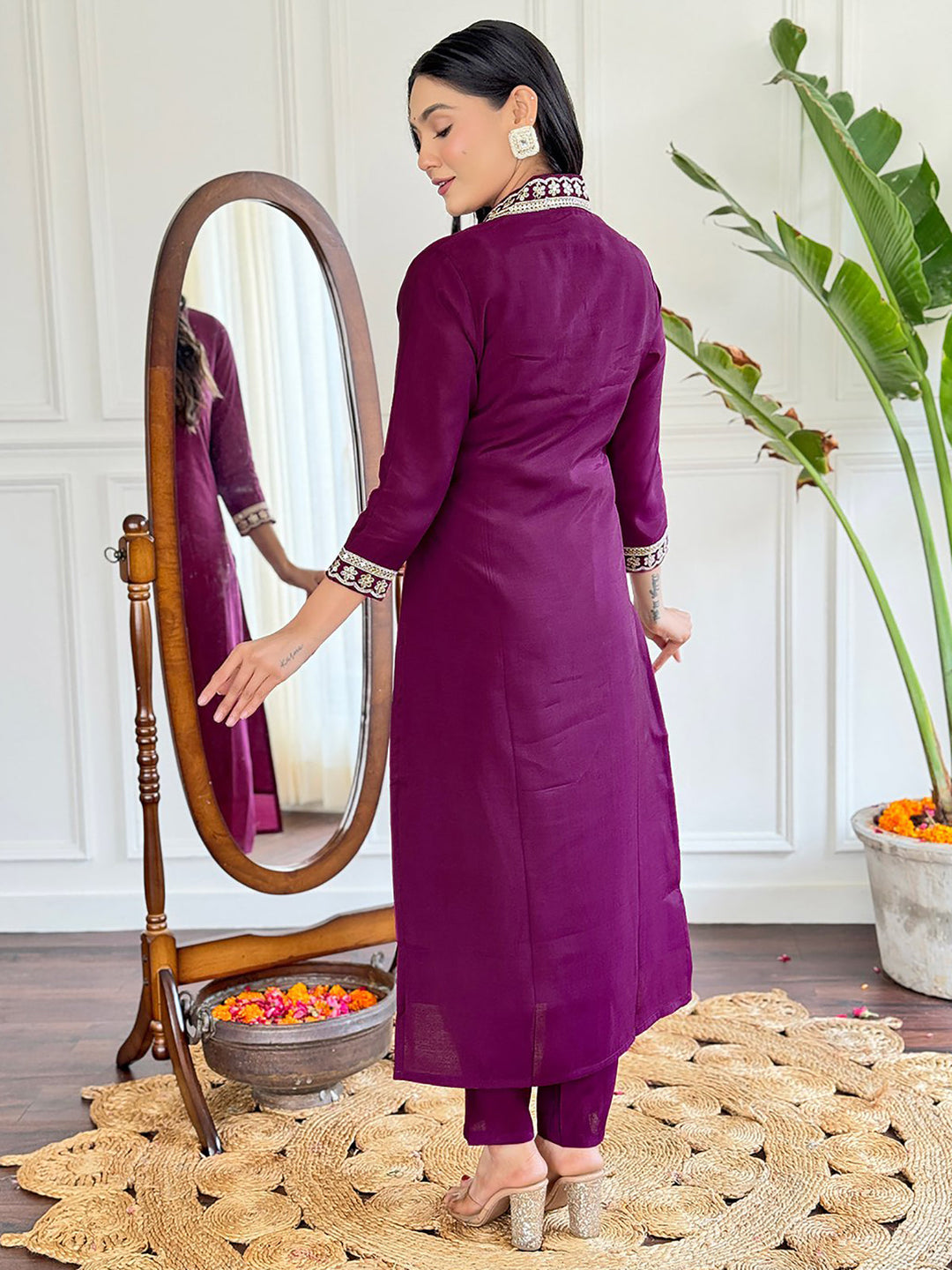 Stylish wine-colored pant suit with Bandhani dupatta for special occasions
