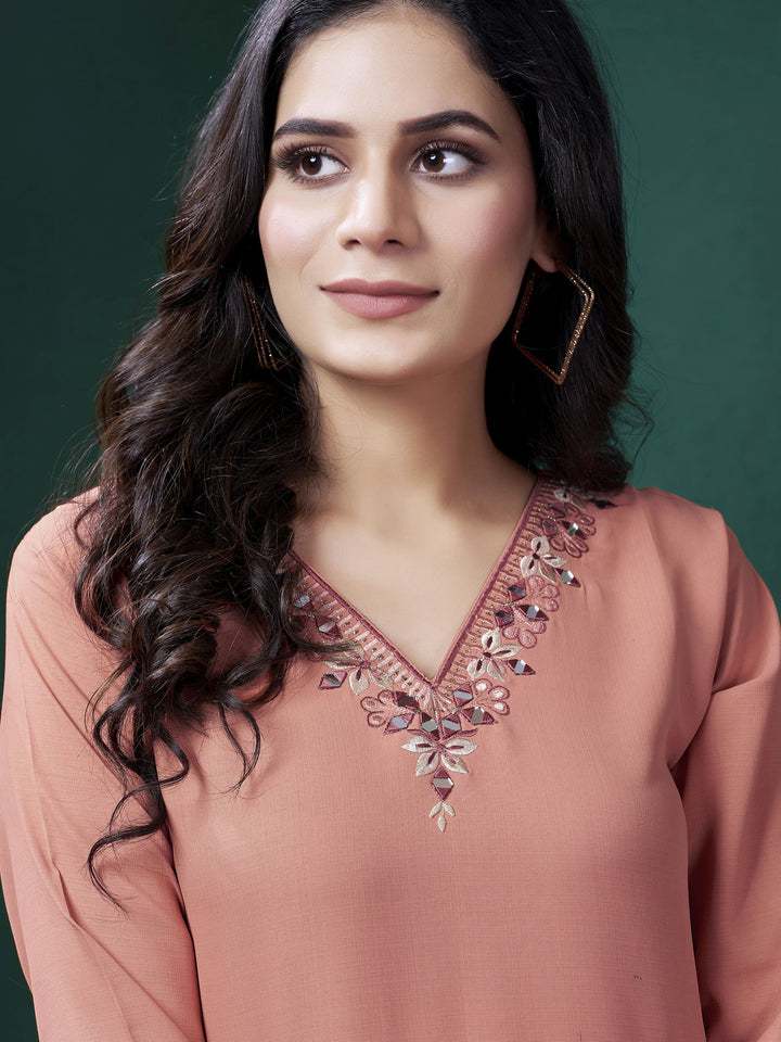Precious Peach Embroidered Cotton Traditional Kurti With Pant - Front View