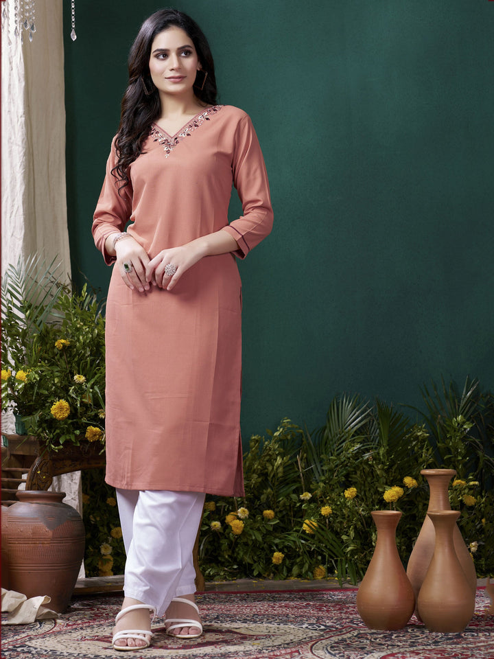 Precious Peach Embroidered Cotton Traditional Kurti With Pant for Women - Indian Ethnic Wear