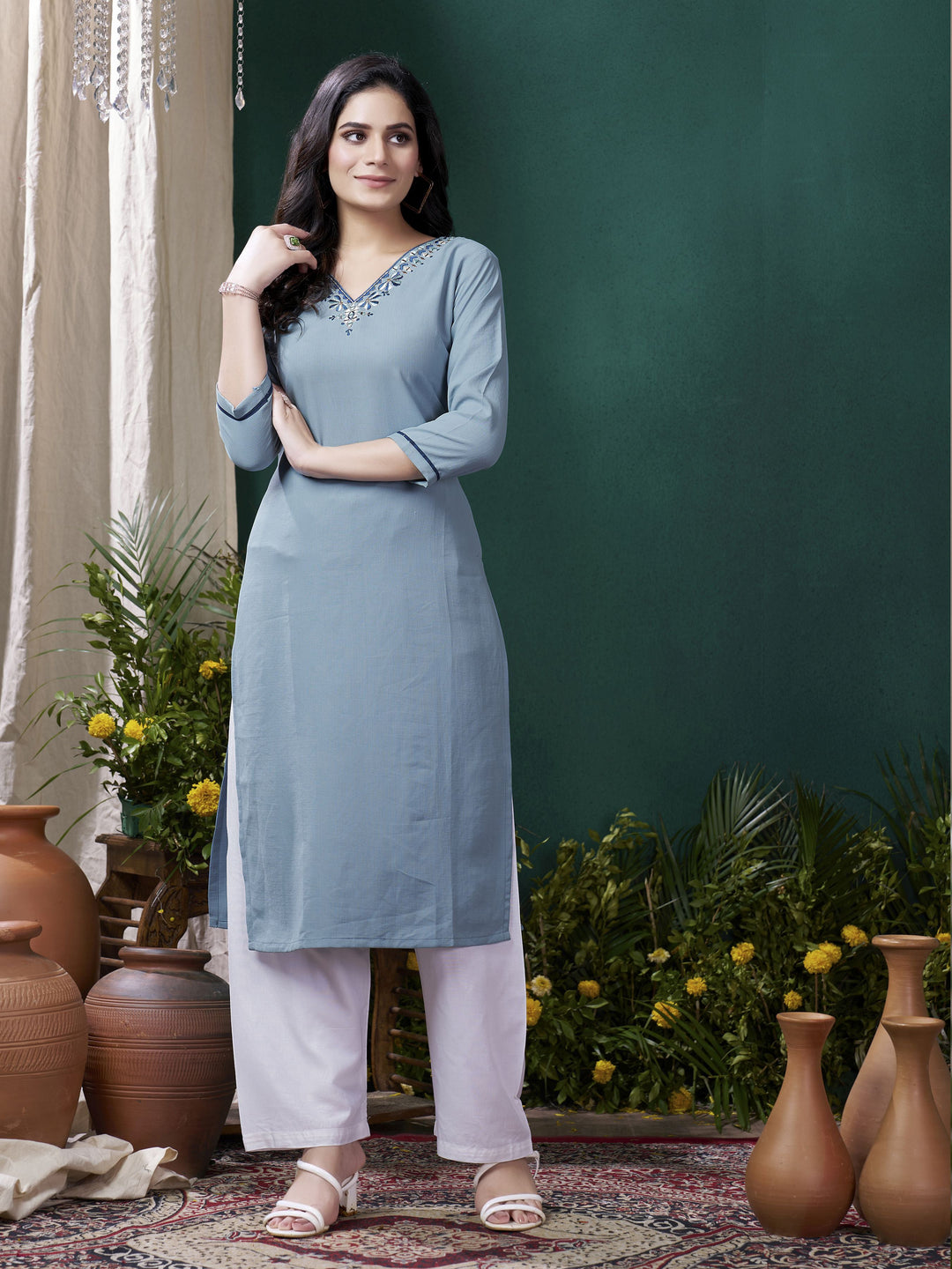 Beautifully designed dusty blue cotton suit with delicate embroidered work 