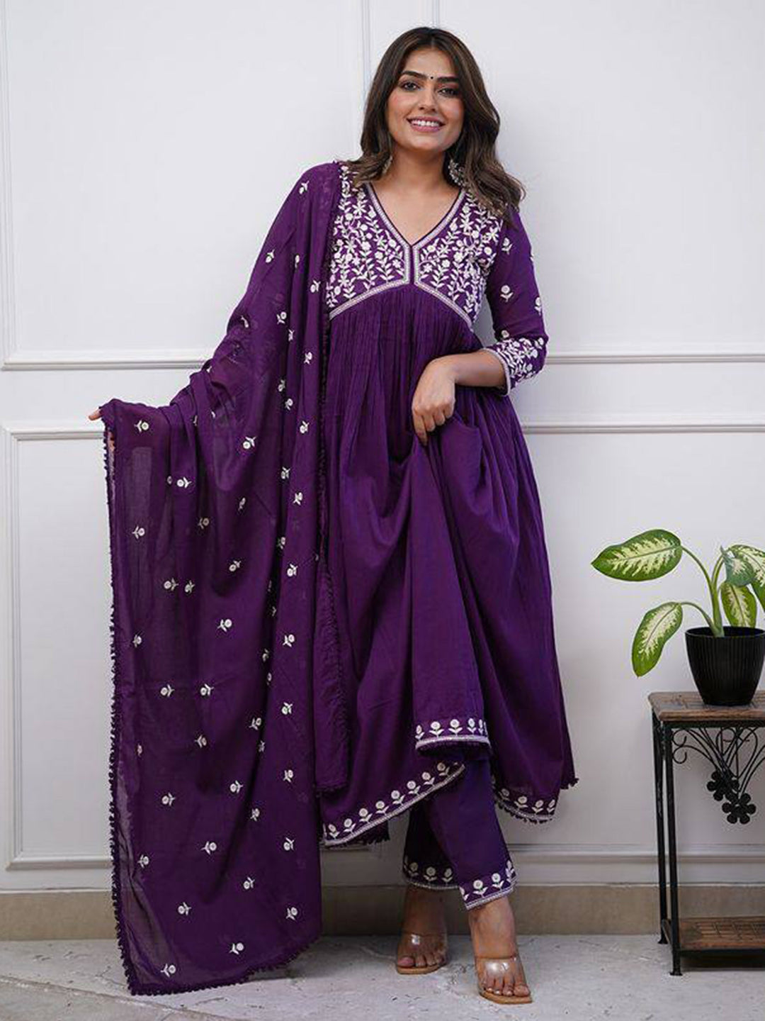 Fabulous Purple Embroidered Silk Festival Wear Pant Suit With Dupatta for Women