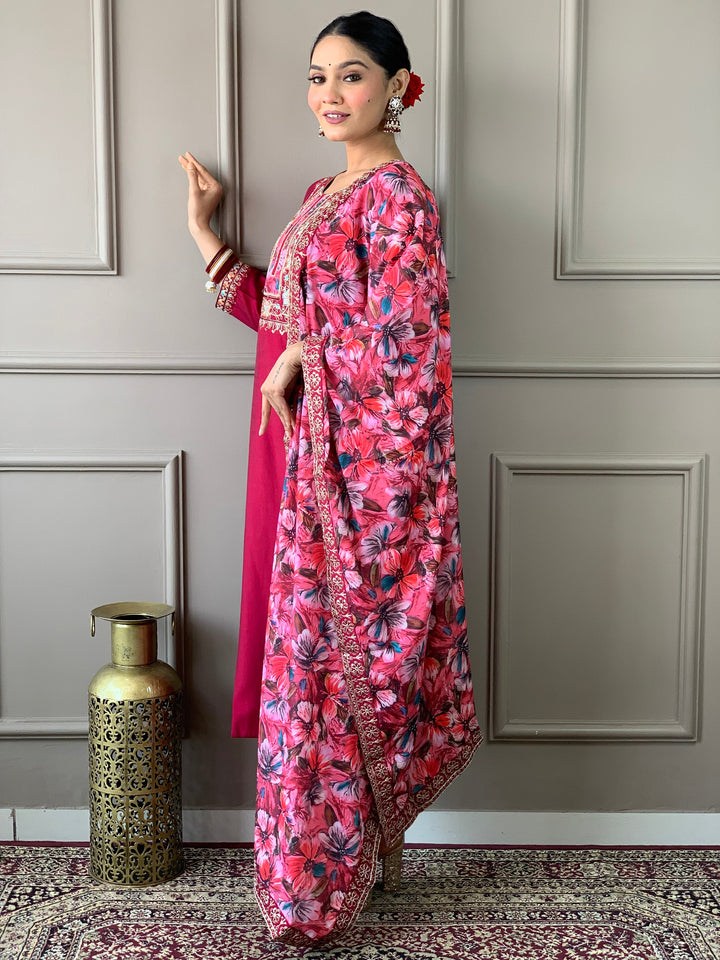 Beautiful Rani Pink Embroidered Chanderi Silk Event Wear Pant Suit with intricate detailing and elegant design