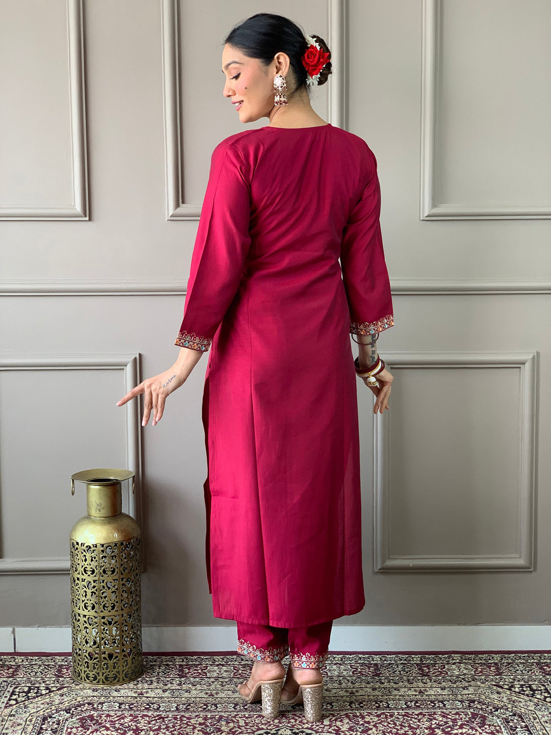Beautiful Rani Pink Embroidered Chanderi Silk Event Wear Pant Suit for Women