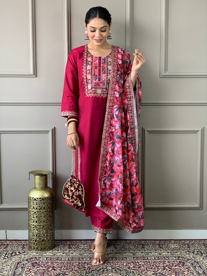 Beautiful Rani Pink Embroidered Chanderi Silk Event Wear Pant Suit with Intricate Floral Patterns and Elegant Design