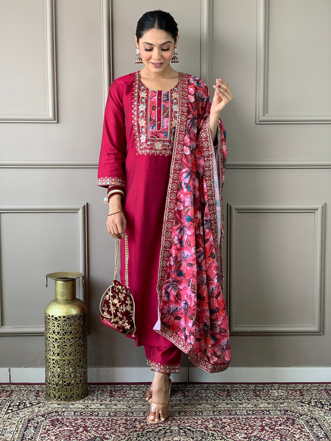 Beautiful Rani Pink Embroidered Chanderi Silk Event Wear Pant Suit with intricate floral designs and elegant detailing