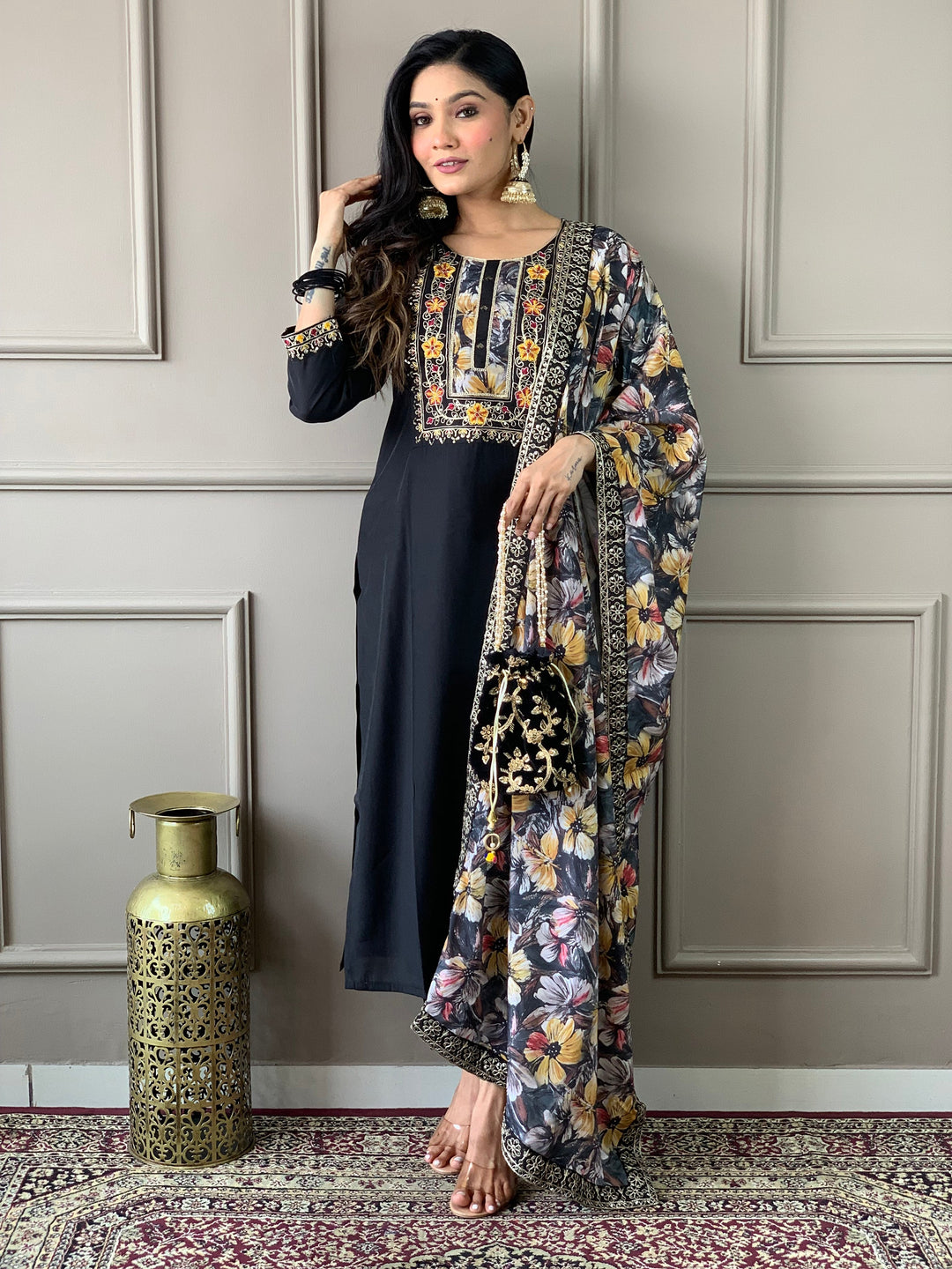 Captivating Black Embroidered Chanderi Silk Traditional Pant Suit with graceful floral prints and delicate embroidered work