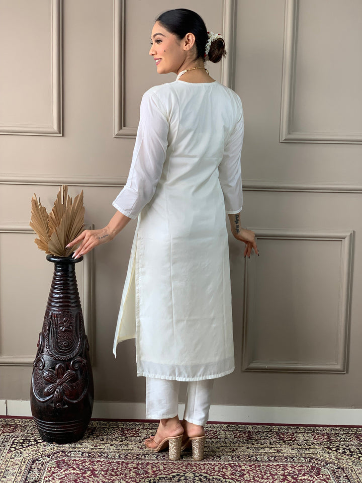 White nylon pant suit with delicate floral print jacquard dupatta