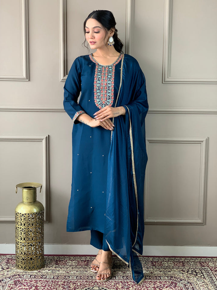 Adorable blue embroidered Chanderi silk pant suit with dupatta for women