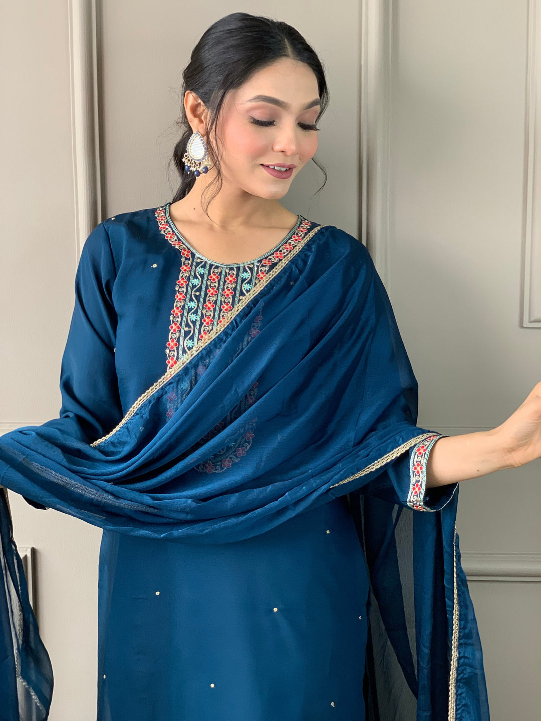 Adorable blue embroidered Chanderi silk pant suit with matching dupatta
