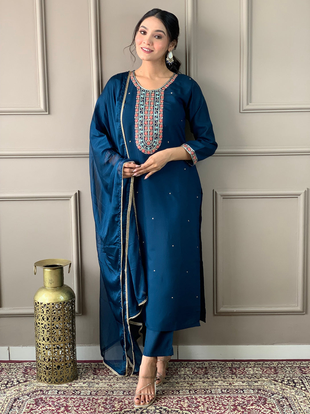 Adorable blue chanderi silk pant suit with intricate embroidered designs