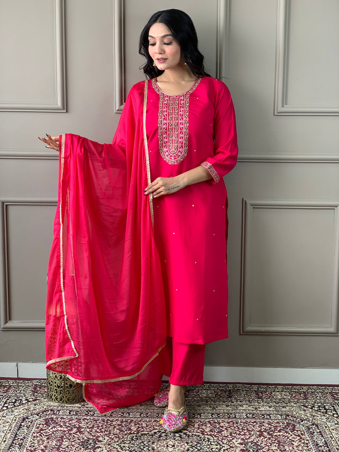 
Gorgeous Rani Pink Embroidered Chanderi Silk Traditional Pant Suit featuring intricate sequin and embroidered work