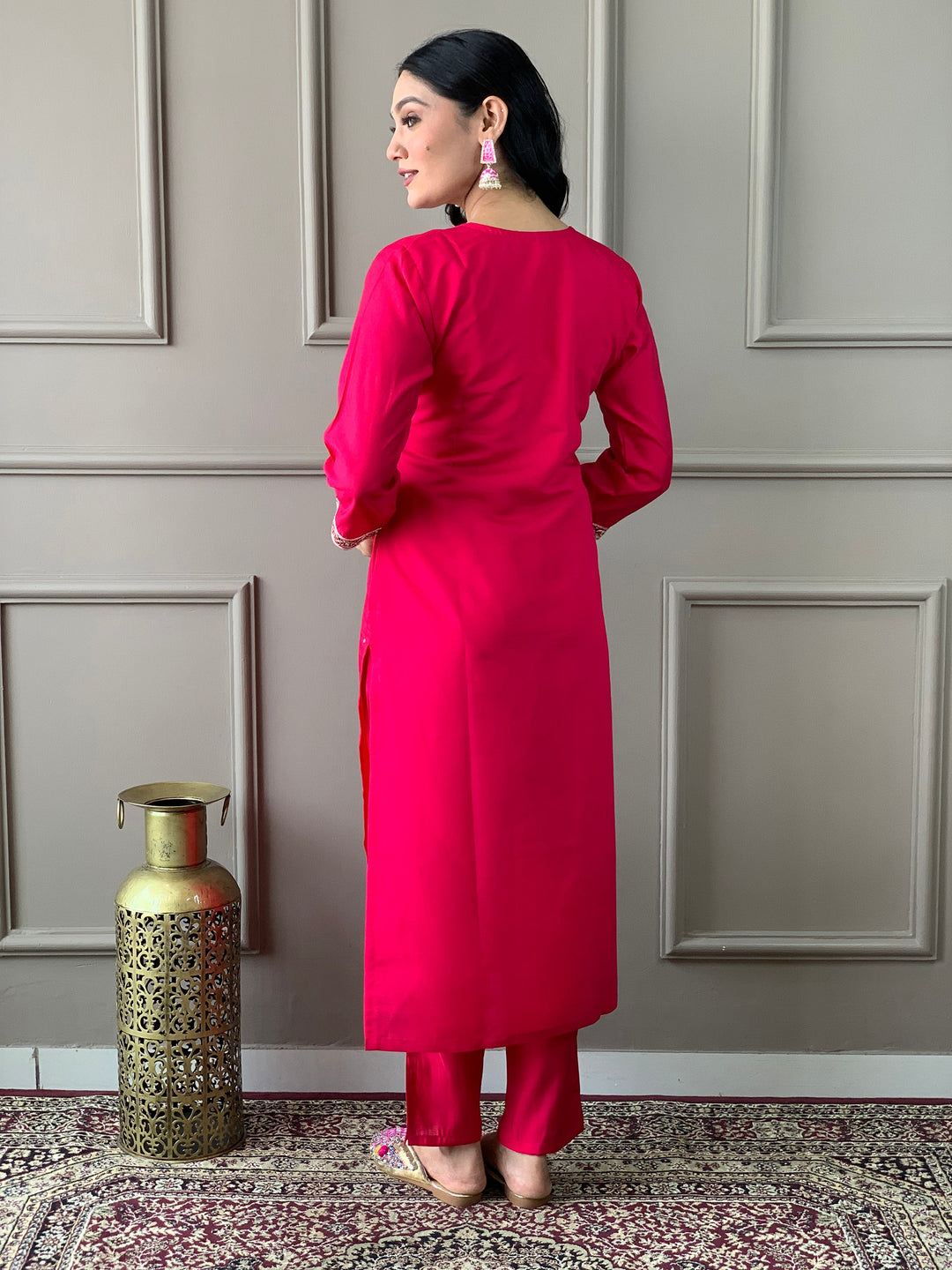 Fully stitched rani pink pant suit available in sizes XS to XXL