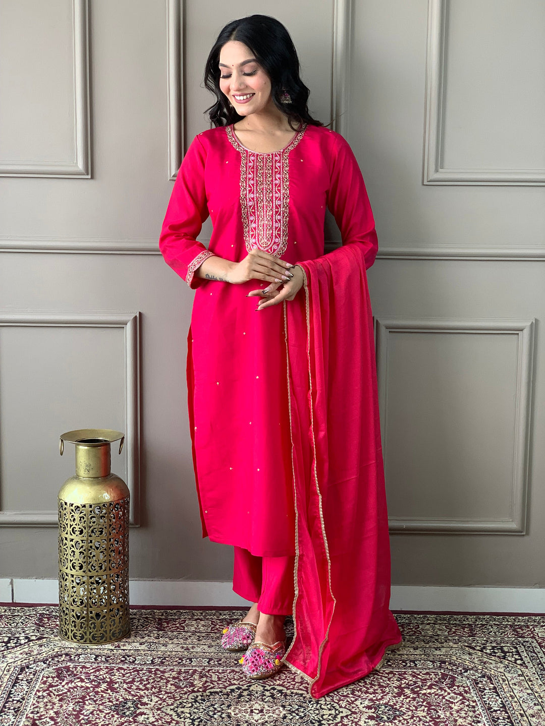 Exquisite rani pink Chanderi silk suit with matching Chanderi silk pants