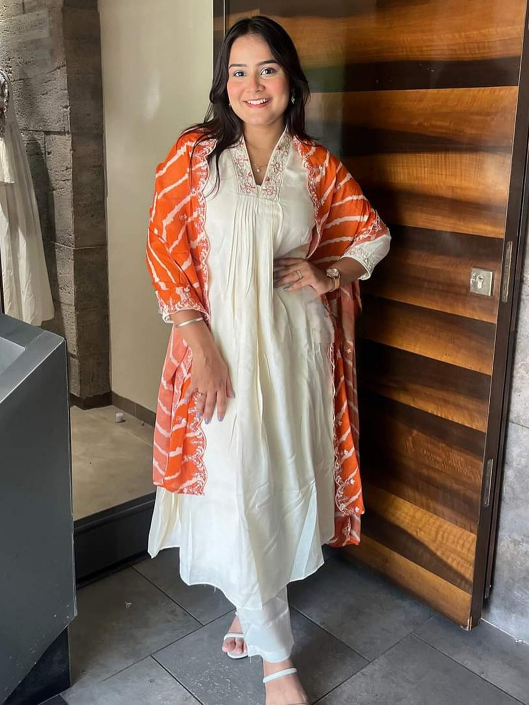 Precious cream embroidered Chanderi silk pant suit with dupatta for special events