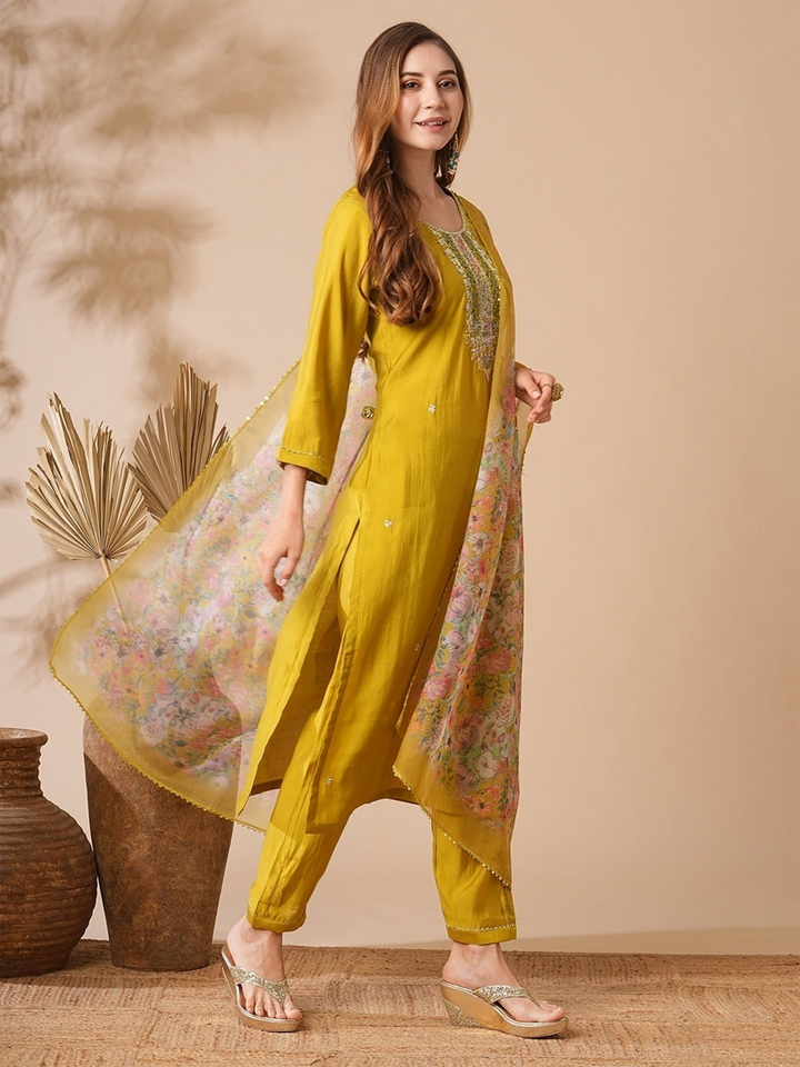 Marvelous Mustard Yellow Embroidery Silk Haldi Wear Pant Suit for women